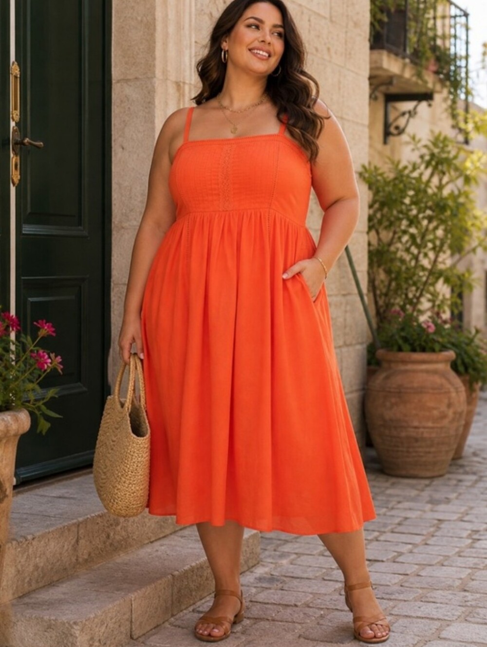 Torrid Midi Voile Pleated Bodice Cotton Dress Orange Size. 6X Pockets Smocked